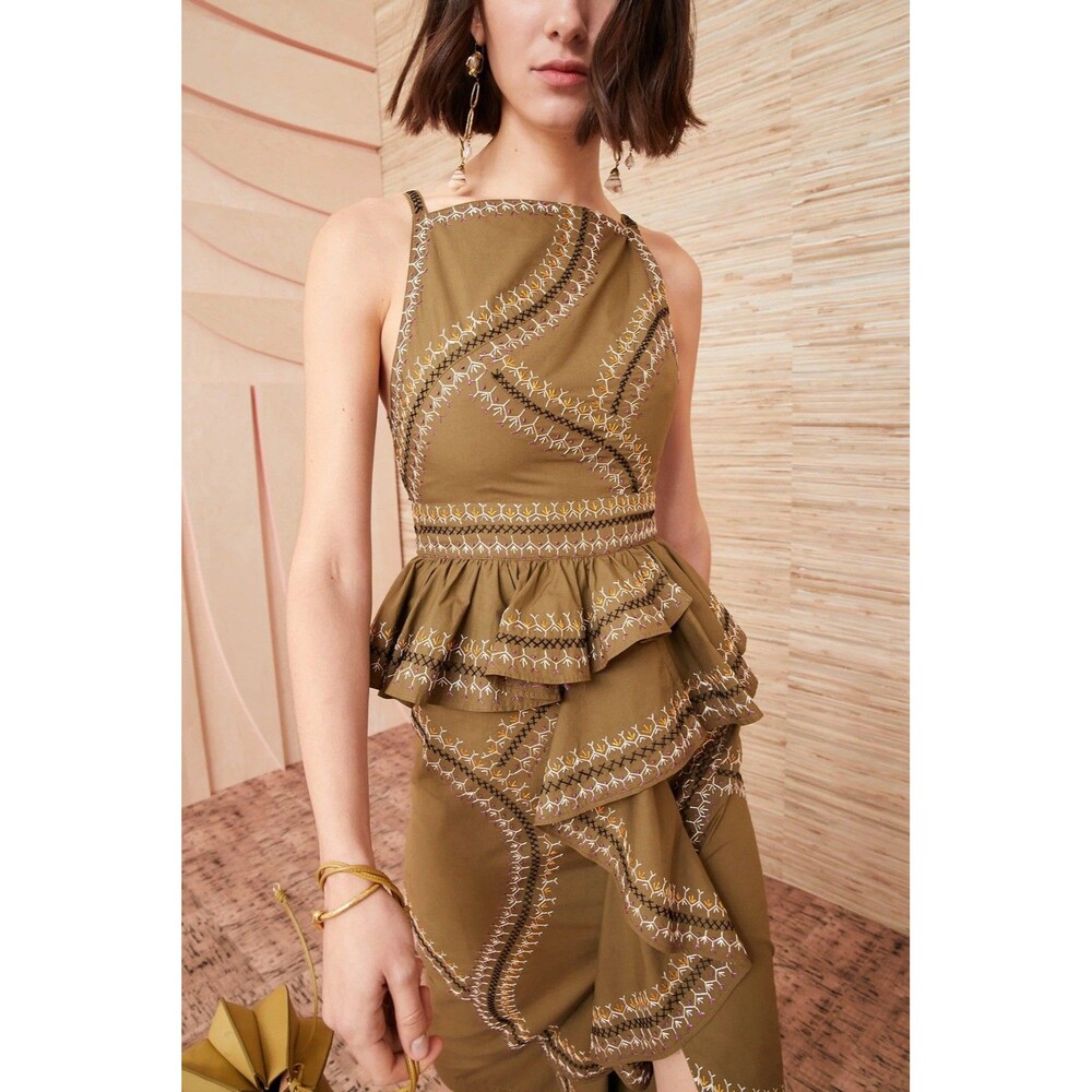 Ulla Johnson Sylvan Dress Embroidered Sz 4 Olive Green Handmade Stitched Midi